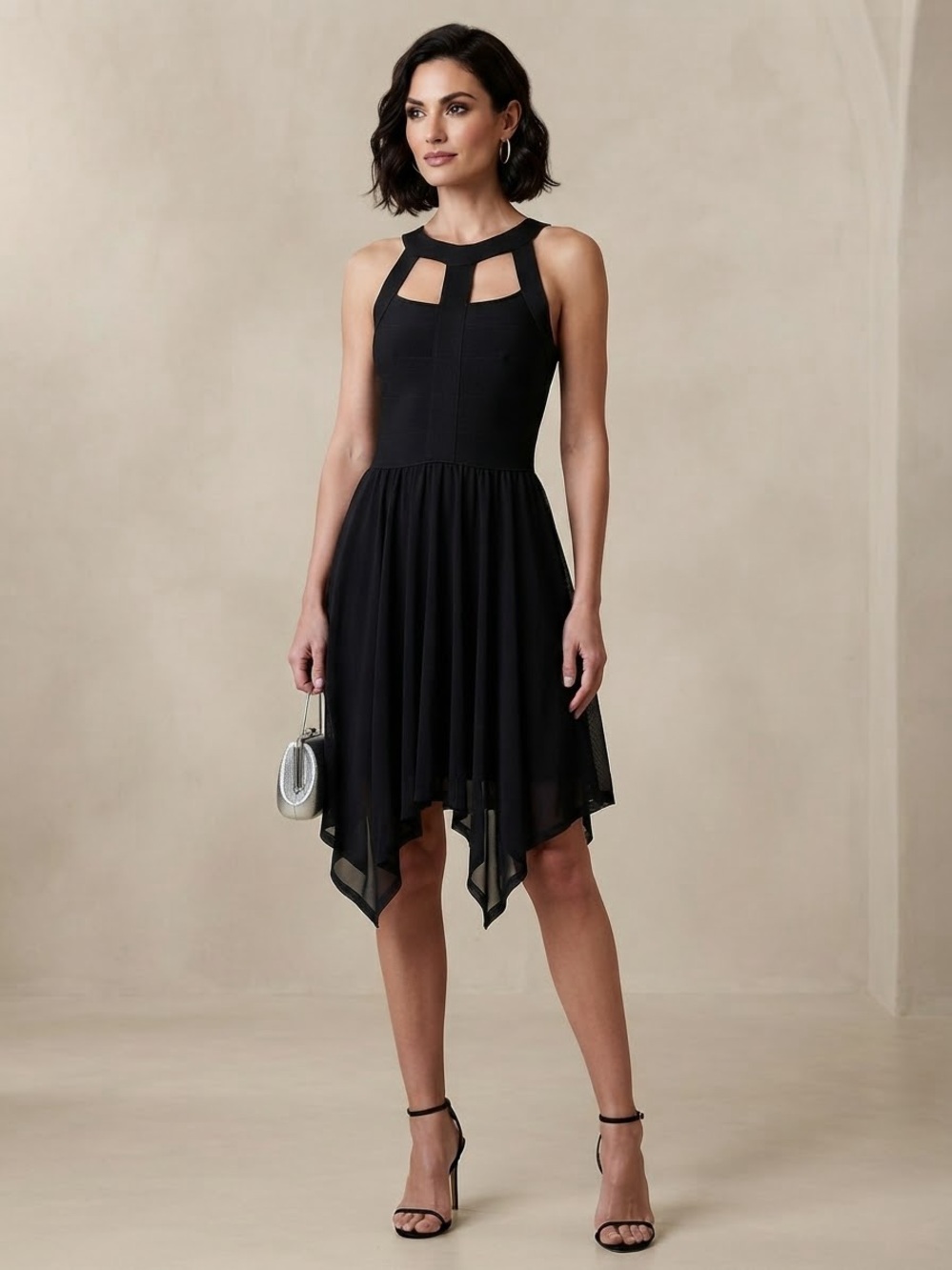 Bebe Herve Leger Style Black Bandage & Asymmetrical Mesh Overlay Dress Small
